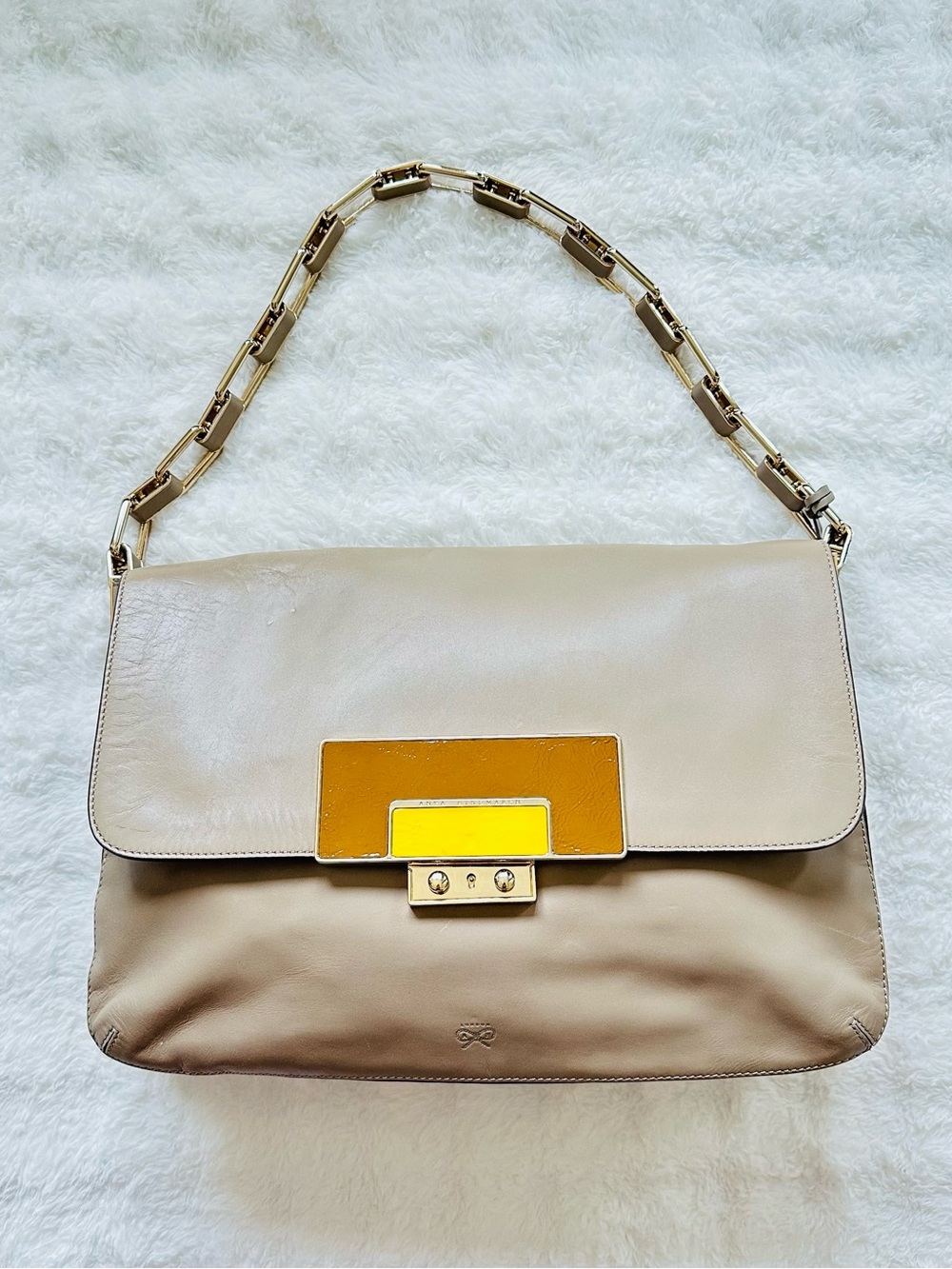 Anya Hindmarch Jackson Shoulder Bag Beige Yellow Brown Patent Flap